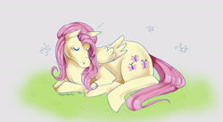 Size: 2048x1126 | Tagged: safe, artist:tomboyanarchy, imported from derpibooru, fluttershy, pegasus, pony, simple background, sleeping, solo