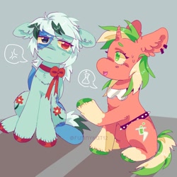 Size: 1500x1500 | Tagged: safe, artist:funnyhat12, imported from derpibooru, oc, oc only, earth pony, original species, plush pony, pony, unicorn, duo, gradient background, plushie, talking