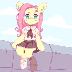 Size: 1500x1500 | Tagged: safe, artist:funnyhat12, imported from derpibooru, fluttershy, pegasus, pony, semi-anthro, clothes, cloud, gradient background, school uniform, socks, solo