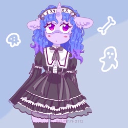 Size: 1500x1500 | Tagged: safe, artist:funnyhat12, imported from derpibooru, izzy moonbow, pony, semi-anthro, unicorn, clothes, french maid, g5, gradient background, maid, socks