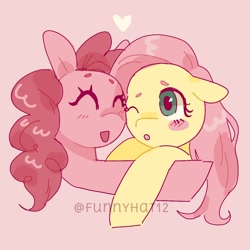 Size: 1000x1000 | Tagged: safe, artist:funnyhat12, imported from derpibooru, fluttershy, pinkie pie, earth pony, pegasus, pony, blushing, duo, hug, simple background