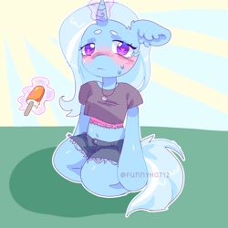 Size: 1500x1500 | Tagged: safe, artist:funnyhat12, imported from derpibooru, trixie, pony, semi-anthro, unicorn, blushing, clothes, food, gradient background, jeans, jewelry, magic, necklace, pants, popsicle, shirt, short jeans, solo