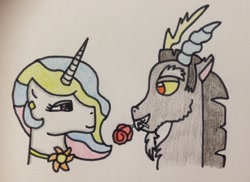 Size: 1024x744 | Tagged: safe, artist:beth1993beth, imported from derpibooru, discord, princess celestia, dislestia, female, flower, male, romantic, rose, shipping, sketch, straight, sun, traditional art