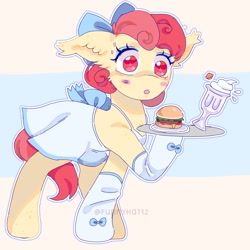 Size: 1500x1500 | Tagged: safe, artist:funnyhat12, imported from derpibooru, oc, oc only, earth pony, pony, apron, bow, burger, clothes, food, gradient background, hair bow, hamburger, maid, milkshake, platter, socks, solo, tail, tail bow