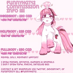 Size: 2048x2048 | Tagged: safe, artist:funnyhat12, imported from derpibooru, oc, oc only, oc:strawberry smoothie (funnyhat12), pony, unicorn, gradient background, price sheet, solo