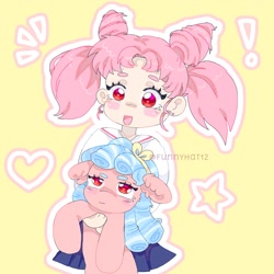 Size: 1500x1500 | Tagged: safe, artist:funnyhat12, imported from derpibooru, cozy glow, human, pegasus, pony, chibiusa tsukino, duo, floppy ears, holding a pony, sailor moon, simple background