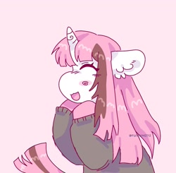 Size: 1771x1734 | Tagged: safe, artist:funnyhat12, imported from derpibooru, oc, oc only, oc:strawberry smoothie (funnyhat12), pony, unicorn, clothes, simple background, solo, sweater