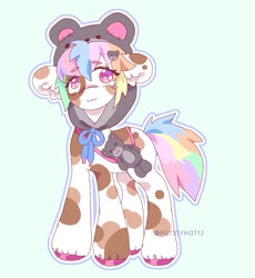 Size: 1657x1805 | Tagged: safe, artist:funnyhat12, imported from derpibooru, oc, oc only, earth pony, pony, adoptable, onesie, plushie, simple background, solo, teddy bear