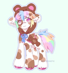 Size: 1657x1805 | Tagged: safe, artist:funnyhat12, imported from derpibooru, oc, oc only, earth pony, pony, adoptable, onesie, plushie, simple background, solo, teddy bear