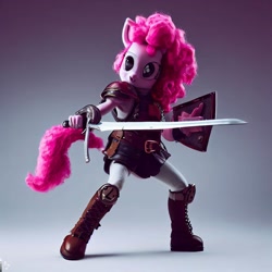 Size: 1024x1024 | Tagged: safe, imported from derpibooru, pinkie pie, anthro, ai content, ai generated, armor, female, mare, shield, sword, weapon