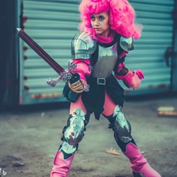 Size: 1024x1024 | Tagged: safe, imported from derpibooru, pinkie pie, human, ai content, ai generated, armor, sword, weapon