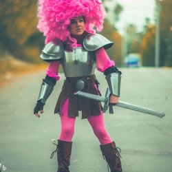 Size: 1024x1024 | Tagged: safe, imported from derpibooru, pinkie pie, human, ai content, ai generated, armor, sword, weapon