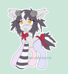 Size: 1657x1805 | Tagged: safe, artist:funnyhat12, imported from derpibooru, oc, oc only, earth pony, original species, plush pony, pony, adoptable, bowtie, horns, plushie, simple background, solo