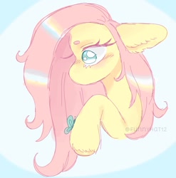 Size: 1440x1456 | Tagged: safe, artist:funnyhat12, imported from derpibooru, fluttershy, butterfly, pony, bust, gradient background, portrait, solo
