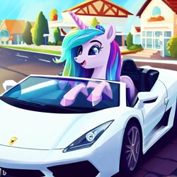 Size: 1024x1024 | Tagged: safe, imported from derpibooru, princess celestia, alicorn, ai content, ai generated, car, female, lamborghini, mare