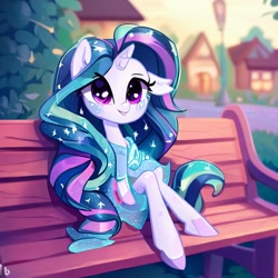 Size: 1024x1024 | Tagged: safe, imported from derpibooru, starlight glimmer, unicorn, ai content, ai generated, bench, female, mare, sitting, solo