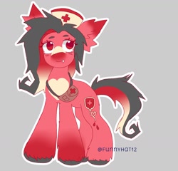 Size: 1550x1485 | Tagged: safe, artist:funnyhat12, imported from derpibooru, oc, oc only, earth pony, pony, undead, vampire, vampony, adoptable, hat, nurse hat, satchel, simple background, solo