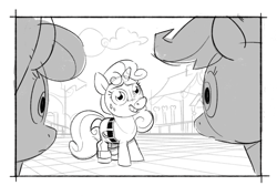 Size: 1280x905 | Tagged: safe, artist:inzergue, imported from derpibooru, apple bloom, scootaloo, sweetie belle, black and white, clothes, cutie mark crusaders, denim, grayscale, jeans, monochrome, pants