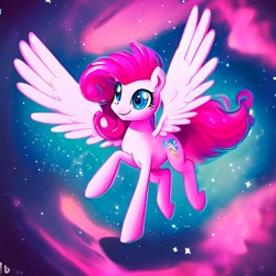 Size: 1024x1024 | Tagged: safe, imported from derpibooru, pinkie pie, pegasus, ai content, ai generated, female, mare, space