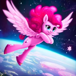 Size: 1024x1024 | Tagged: safe, imported from derpibooru, pinkie pie, pegasus, ai content, ai generated, female, mare, space