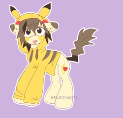 Size: 1550x1485 | Tagged: safe, artist:funnyhat12, imported from derpibooru, oc, oc only, earth pony, pikachu, pony, adoptable, clothes, hoodie, pokémon, simple background, solo