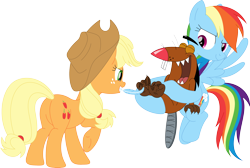 Size: 3538x2372 | Tagged: safe, artist:porygon2z, imported from derpibooru, applejack, rainbow dash, beaver, earth pony, pegasus, pony, angry beavers, applebutt, butt, crossover, daggett doofus beaver, eyes closed, feather, female, floating eyebrows, flying, grin, high res, holding, laughing, male, mare, open mouth, open smile, plot, raised hoof, simple background, smiling, smirk, spread wings, tickling, transparent background, trio, wings