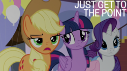 Size: 1920x1080 | Tagged: safe, edit, edited screencap, editor:quoterific, imported from derpibooru, screencap, applejack, rarity, twilight sparkle, alicorn, earth pony, pony, unicorn, the ending of the end, bag, balloon, saddle bag, twilight sparkle (alicorn)