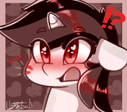 Size: 1000x883 | Tagged: safe, artist:llametsul, imported from derpibooru, oc, oc:blackjack, pony, unicorn, fallout equestria, fallout equestria: project horizons, cheek kiss, chibi, cute, female, heart, heart eyes, horn, kiss mark, kissing, lipstick, mare, monochrome, open mouth, shocked, signature, small horn, solo, wingding eyes