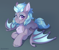 Size: 2341x1981 | Tagged: safe, artist:skysorbett, imported from derpibooru, oc, oc only, oc:raaf, bat pony, pony, blind eye, fangs, female, gray coat, lying down, mare, simple background, solo