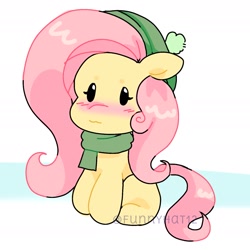 Size: 1525x1526 | Tagged: safe, artist:funnyhat12, imported from derpibooru, fluttershy, pegasus, pony, chibi, clothes, hat, scarf, simple background, solo, white background