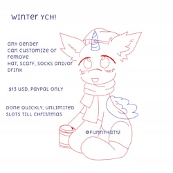 Size: 1525x1526 | Tagged: safe, artist:funnyhat12, imported from derpibooru, pony, christmas, clothes, coffee, hat, holiday, santa hat, scarf, socks, ych example, your character here