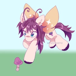 Size: 1525x1526 | Tagged: safe, artist:funnyhat12, imported from derpibooru, oc, oc only, butterfly, butterfly pony, hybrid, pony, flying, gradient background, mushroom, solo