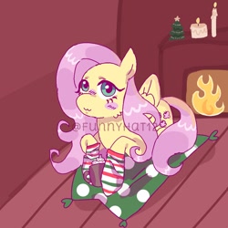 Size: 1000x1000 | Tagged: safe, artist:funnyhat12, imported from derpibooru, fluttershy, pegasus, pony, blanket, candle, chocolate, christmas, christmas tree, clothes, fireplace, food, holiday, hot chocolate, living room, lying down, socks, tree