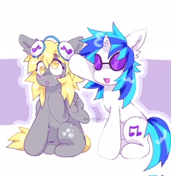 Size: 1994x2048 | Tagged: safe, artist:funnyhat12, imported from derpibooru, derpy hooves, dj pon-3, vinyl scratch, pegasus, unicorn, duo, female, glasses, gradient background, headphones