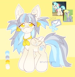 Size: 1531x1584 | Tagged: safe, artist:funnyhat12, imported from derpibooru, coco pommel, derpy hooves, oc, earth pony, pegasus, pony, fusion, gradient background, trio