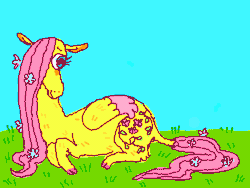 Size: 640x480 | Tagged: safe, artist:tertain, imported from derpibooru, fluttershy, pegasus, pony, animated, gif, grass, long hair, lying down, prone, solo