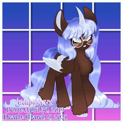 Size: 4096x4096 | Tagged: safe, artist:oddityarrow, imported from derpibooru, oc, oc:eclipssa, alicorn, pony, curved horn, glasses, horn, implied death, name, redesign, solo