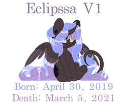 Size: 1172x980 | Tagged: safe, artist:oddityarrow, imported from derpibooru, oc, oc:eclipssa, alicorn, pony, curved horn, horn, implied death, name, redesign, sitting, solo