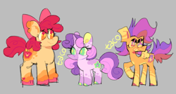 Size: 640x342 | Tagged: safe, artist:tacoscribs, imported from derpibooru, apple bloom, scootaloo, sweetie belle, earth pony, pegasus, pony, unicorn, alternate cutie mark, cutie mark crusaders, redesign, simple background