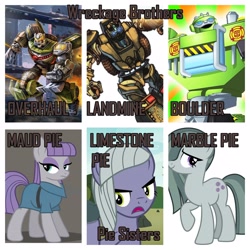 Size: 3264x3264 | Tagged: safe, artist:robertsonskywa1, edit, imported from derpibooru, limestone pie, marble pie, maud pie, earth pony, robot, autobot, boulder, boulder (transformers), collage, landmine, overhaul, overhaul (transformers), text, transformers