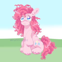 Size: 1544x1553 | Tagged: safe, artist:funnyhat12, imported from derpibooru, pinkie pie, earth pony, pony, female, gradient background, sitting, solo