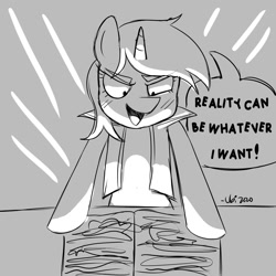 Size: 2000x2000 | Tagged: safe, artist:gop_goopy, imported from derpibooru, oc, oc:chilly quill, pony, book, clothes, horn, infinity war, meme, reference to another series, shirt, thanos