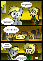 Size: 556x787 | Tagged: safe, artist:neoncabaret, imported from derpibooru, derpy hooves, oc, oc:mel, human, pegasus, pony, comic:derpy's wish, comic, food, muffin