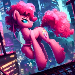 Size: 1024x1024 | Tagged: safe, imported from derpibooru, pinkie pie, pony, ai content, ai generated, city, female, mare