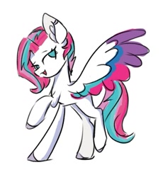 Size: 665x723 | Tagged: artist needed, source needed, safe, imported from derpibooru, zipp storm, pegasus, pony, cool, dancing, female, g5, mare, simple background, smiling, solo, spread wings, white background, wings