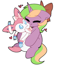 Size: 2478x2703 | Tagged: safe, artist:sakukitty, imported from derpibooru, oc, oc:sparkly breeze, sylveon, unicorn, bow, eyes closed, female, hair bow, heart, mare, plushie, pokémon, simple background, snuggling, transparent background