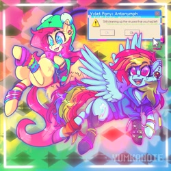 Size: 2048x2048 | Tagged: safe, artist:yumkandie, imported from derpibooru, fluttershy, rainbow dash, pegasus, pony, aesthetics, antonymph, bracelet, braces, clothes, ear piercing, female, flutterdash, fluttgirshy, gir, heart, heart eyes, hood, hoodie, jewelry, lesbian, nintendo ds, open mouth, open smile, piercing, shipping, smiling, tongue out, tongue piercing, webcore, wingding eyes