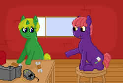 Size: 704x480 | Tagged: safe, artist:valuable ashes, imported from derpibooru, oc, oc only, unnamed oc, earth pony, pony, unicorn, hammer, pixel art, radio, sitting, stool, table, window, wrench