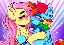 Size: 3301x2329 | Tagged: safe, artist:yumkandie, imported from derpibooru, fluttershy, rainbow dash, pegasus, pony, bracelet, eyebrows, eyebrows visible through hair, eyes closed, female, flutterdash, heart, heart eyes, jewelry, kiss on the lips, kissing, lesbian, looking at each other, looking at someone, shipping, wingding eyes