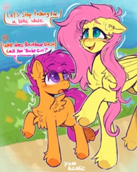 Size: 2685x3354 | Tagged: safe, artist:yumkandie, imported from derpibooru, fluttershy, scootaloo, pegasus, pony, babygirl, dialogue, female, filly, foal, grass, heart, heart eyes, implied flutterdash, implied lesbian, implied rainbow dash, implied shipping, raised hoof, smiling, sweat, talking, wingding eyes